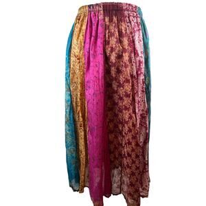 Vintage Artisan Patchwork Sari Silk Boho Maxi Skirt OS Elastic Waist Festival